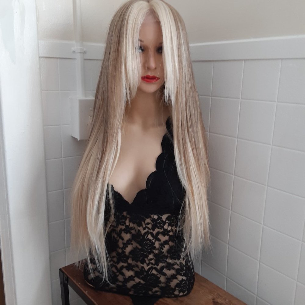 Blonde and ash blonde mix lace front wig straight  money piece hair highlights, - Picture 11 of 11